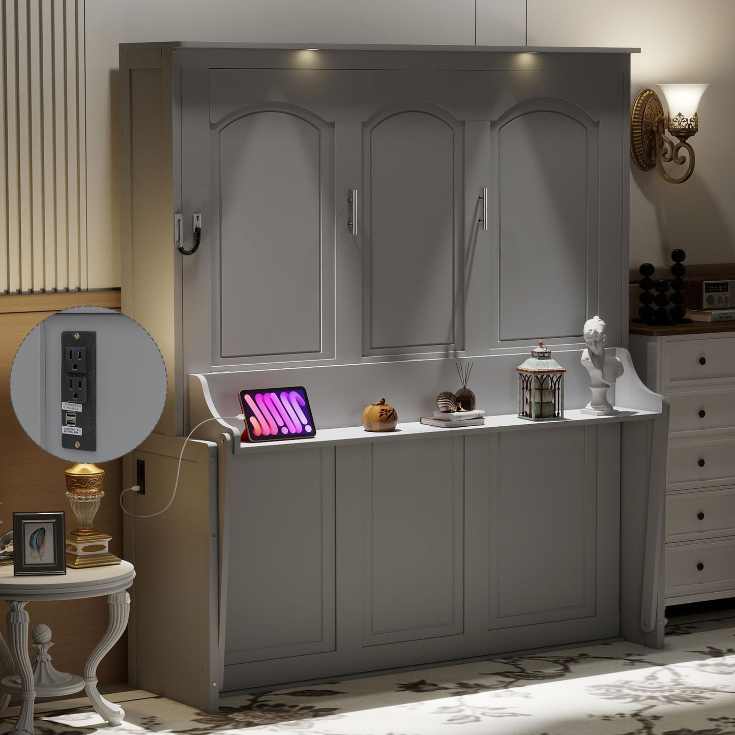 Ball & Cast Queen Size Murphy Bed with Desk,Hideaway Beds w/LED Lights and USB Charging Station,Wood Wall Cabinets Bedframe,Slat Support,Dual Piston Metal Folding Mechanism Designed,Gray