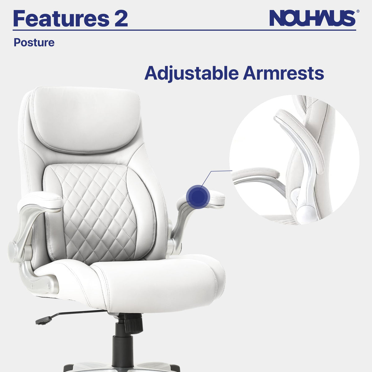 Nouhaus +Posture Ergonomic PU Leather Office Chair. Click5 Lumbar Support with FlipAdjust Armrests. Modern Executive Chair and Computer Desk Chair (White)