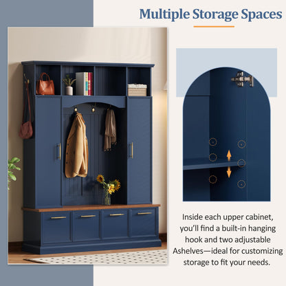 Merax 59" Farmhouse Hall Tree with Golden Hooks & Walnut Bench, Entryway Organizer with Adjustable Shelves, Shoe Storage, Anti-Tip for Mudroom, Living Room, Blue