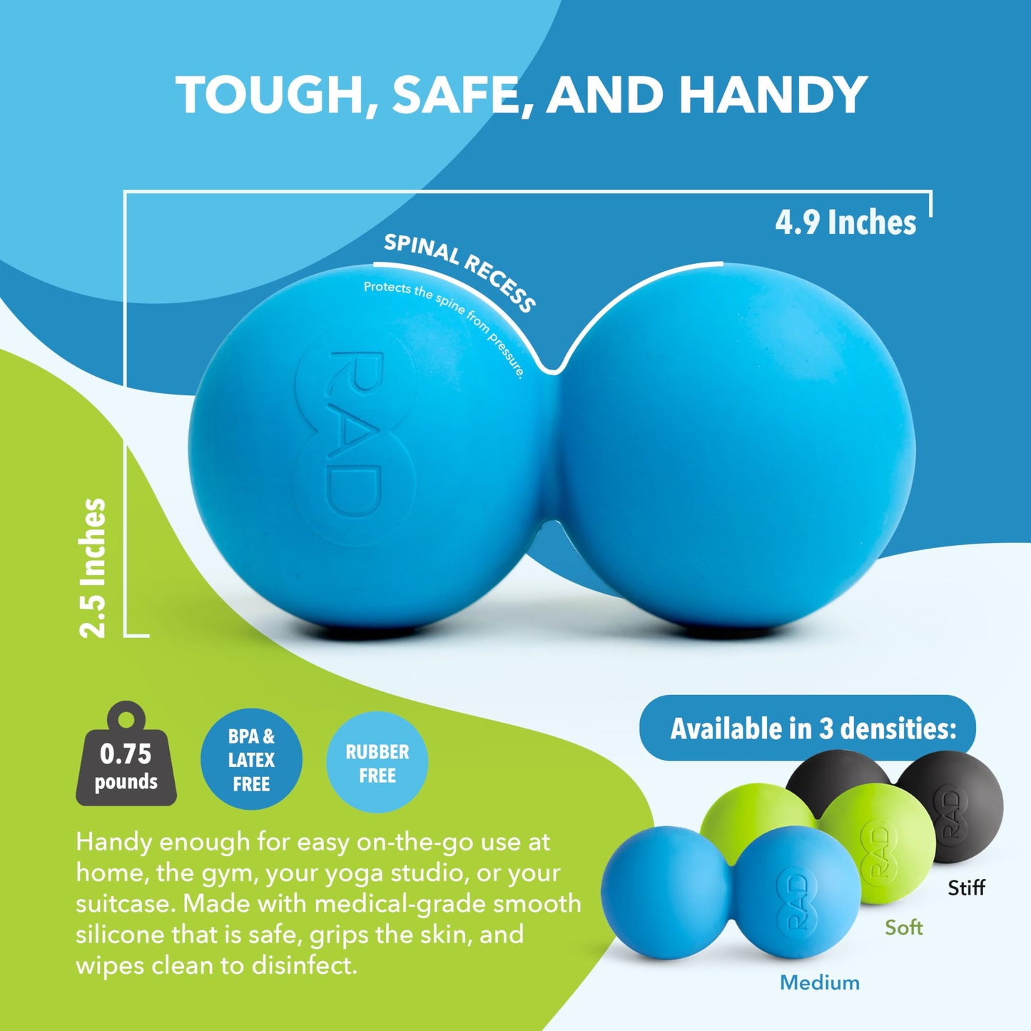 RAD Original Peanut Massage Ball – Medium Density Yoga Deep Tissue Roller Ball – Myofascial Release for Back, Neck, Feet, Psoas & Spine – Suboccipital & Thoracic Trigger Point Therapy