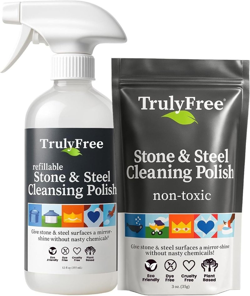 Truly Free Stone & Steel Cleansing Polish Starter Kit - Quartz, Marble, Granite, Stone Countertop, Oven, Stainless Steel Cleaner - 12oz Empty Bottle, 1 Concentrated Fill (3oz)-No Harmful Ingredients