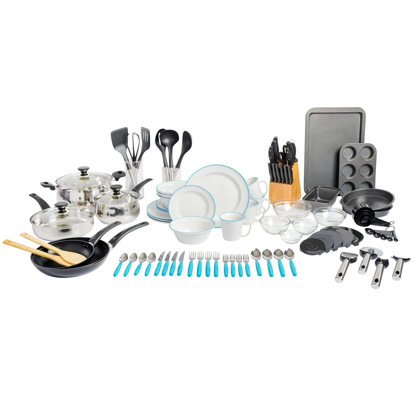 Gibson Home 74 Piece Kitchen in a Box Pots and Pans Cookware, Plates and Bowls Dinnerware, Cutlery Knife Block, Flatware Utensils, Tools & Gadgets, Storage, Glasses Set