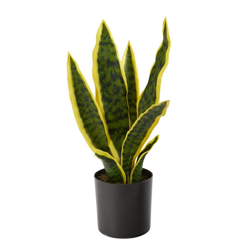 Nearly Natural 14-in Artificial Tall Snake Plant Sansevieria, Yellow Faux Snake Plant for Indoor Home Decor in Black Nursery Pot, Fake Plant for Office, Living Room, Bedroom, Tabletop, DIY