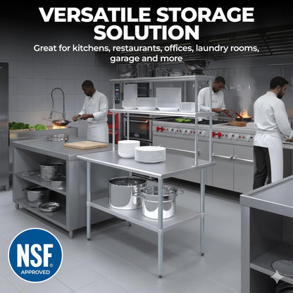 Express KitchQuip Stainless Steel Worktable with Double Overshelf – 48" x 12" | Heavy-Duty Commercial Prep Table Shelving | NSF Certified (48 in. Long x 12 in. Deep)