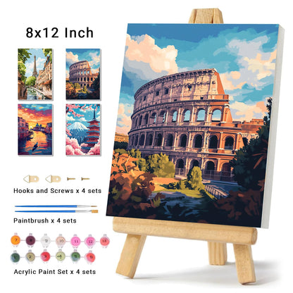 obterie 4 Pack Framed Paint by Numbers Kit for Adults Beginner Canvas Painting by Numbers for Adults Landscapes Easy Adult Paint by Number Kits with Frame City Watercolor Painting by Number 8x12 Inch
