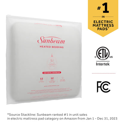 Sunbeam Electric Heated Mattress Pad Queen 80" x 60" 12 Heat Settings 12-Hour Auto Shut-Off Fast Heating Soft Cozy Fabric Deep Pocket Skirt Machine Washable