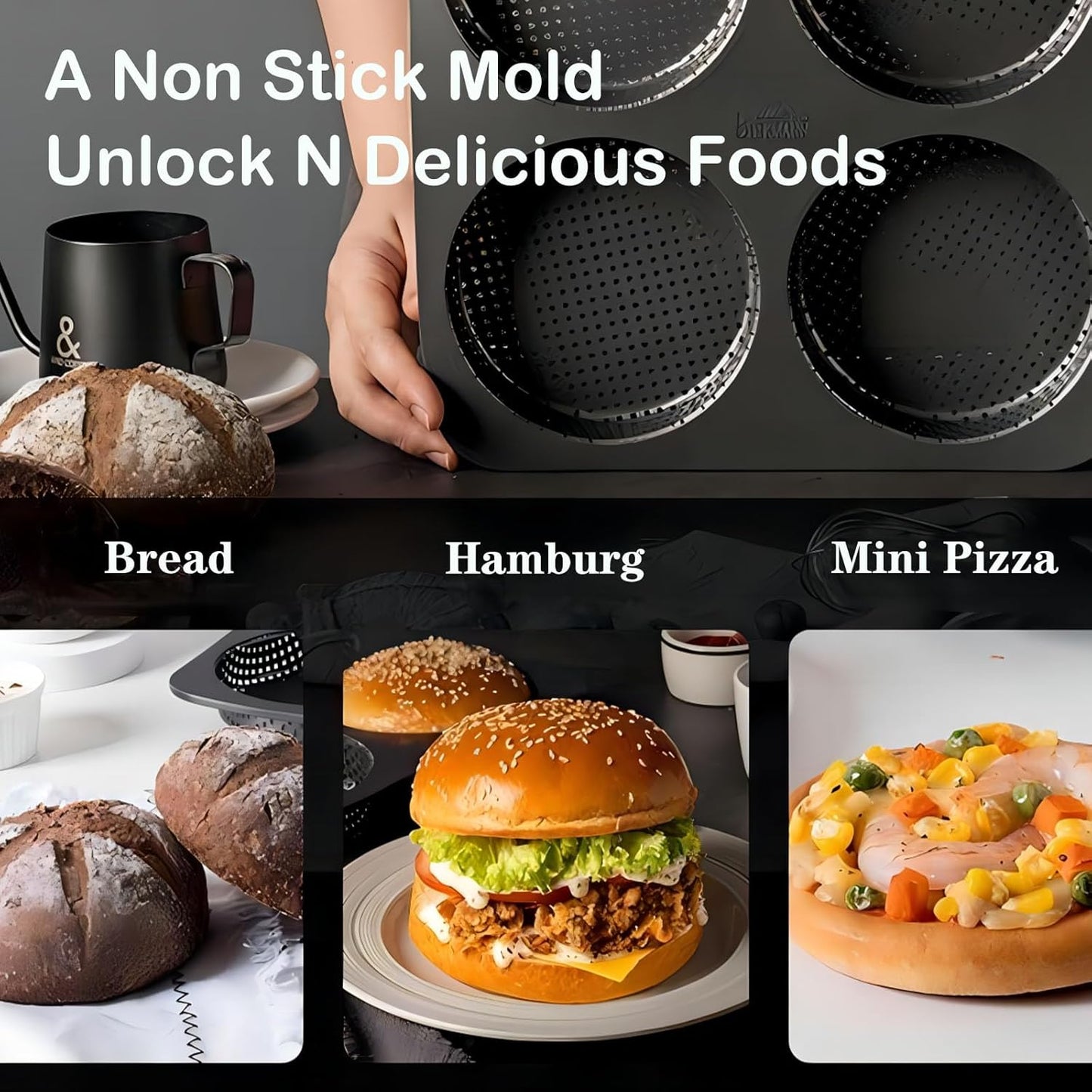 Hamburger Bun Pan, 5 Inch Non-Stick Carbon Steel Mold, 4 Cup Big Baking Pan for Homemade Buns