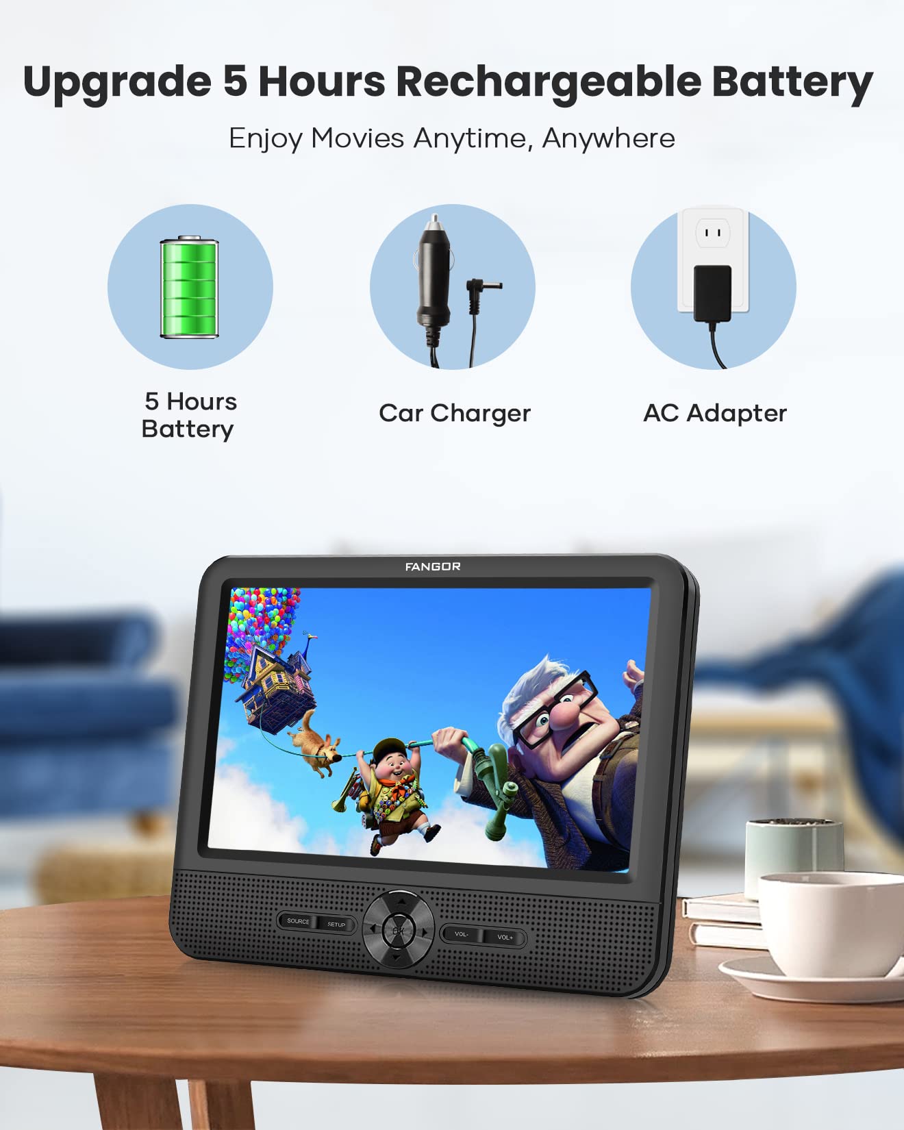 FANGOR 7.5 Inch Dual Car DVD Player, Portable DVD Player for Car with 5 Hours Rechargeable Battery, Last Memory, AV Out/in, Support USB/SD/Sync TV, All Regions