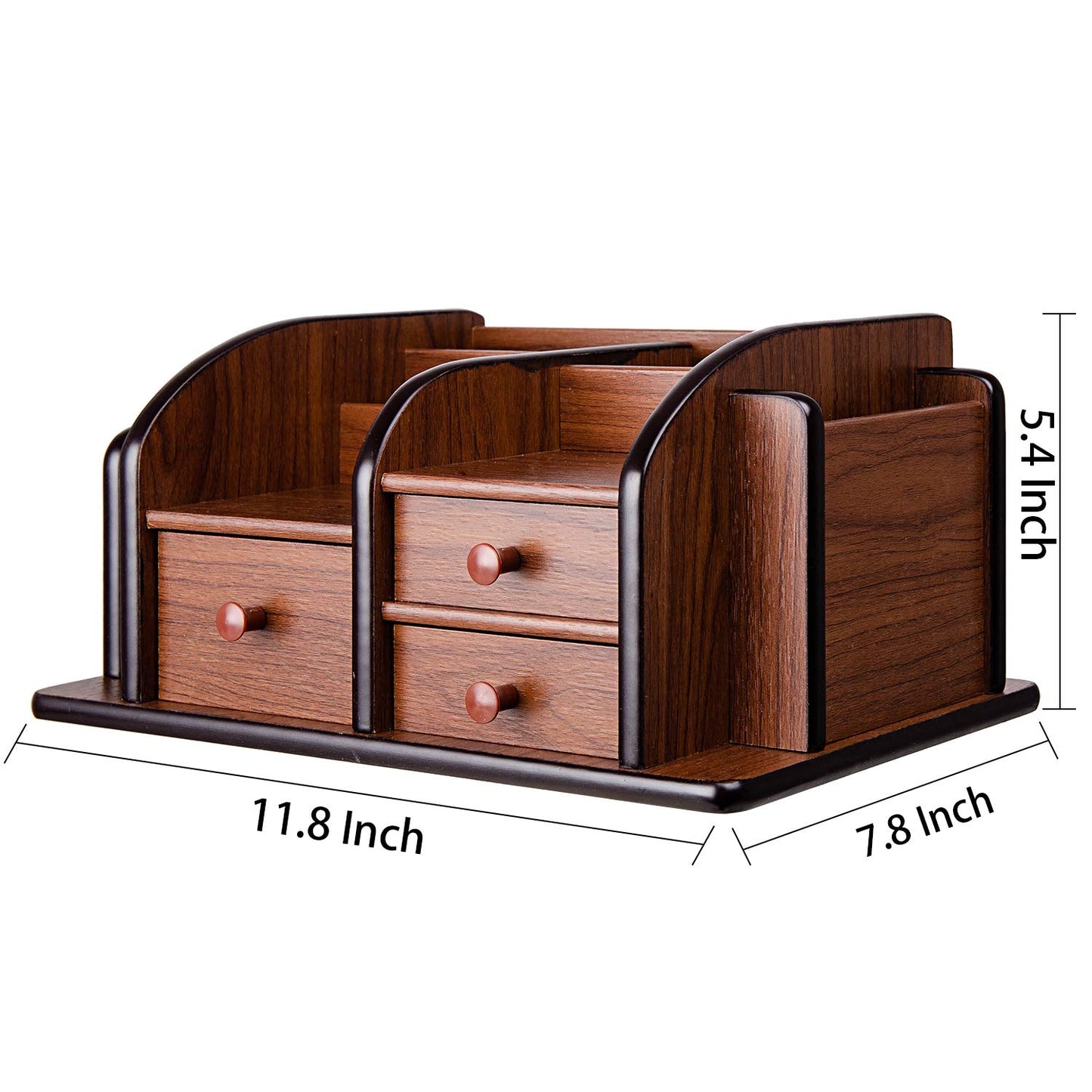 Liry Products Brown Wooden Desk Organizer Multiple Compartments 3 Drawers Slots 2 Shelves Racks Holder Office Supplies Caddy Tabletop Storage Desktop Stationery Accessory Sorter Home Kitchen