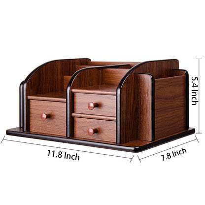 Liry Products Brown Wooden Desk Organizer Multiple Compartments 3 Drawers Slots 2 Shelves Racks Holder Office Supplies Caddy Tabletop Storage Desktop Stationery Accessory Sorter Home Kitchen