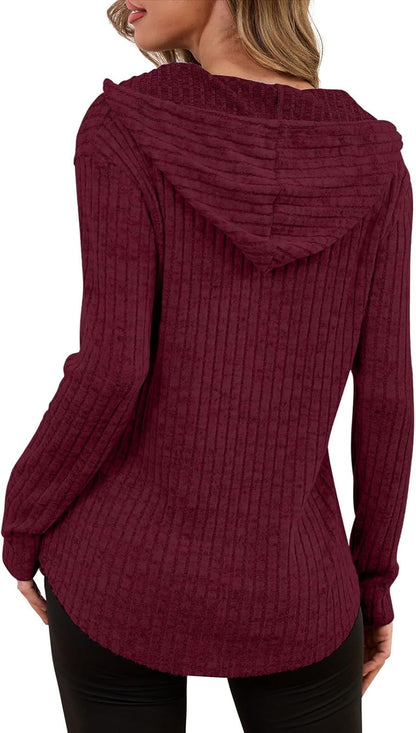 Lylinan Womens Cozy Knit Sweaters Hoodies Ribbed V Neck Pullover Sweatshirts for Fall Outfits S-XXL