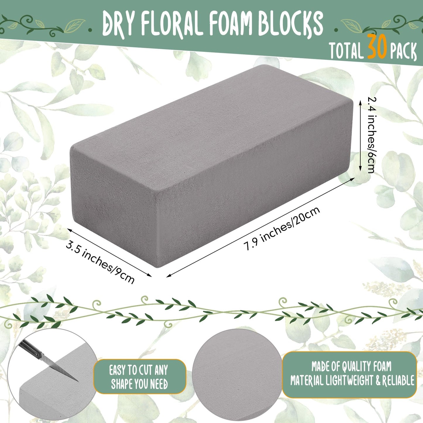 Pangda 30 Pieces Flower Foam Bulk 7.87 x 3.54 x 2.36" Dry Floral Foam Blocks Florist Bricks for Artificial Flower Arrangements Wedding Birthdays Home Office Garden Decorations, Gray