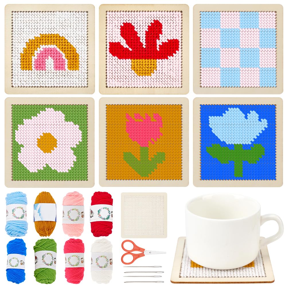 INFUNLY 6 Set Boho Coaster Needlepoint Kit 3.9x3.9 Wooden Rainbow Art Work Embroidery Kit Embroidery Needle Coasters Crafts Adult Mug Rug Making Kit for Beginners Mushroom Mug Rug Making Kit
