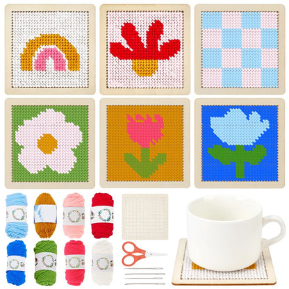 INFUNLY 6 Set Boho Coaster Needlepoint Kit 3.9x3.9 Wooden Rainbow Art Work Embroidery Kit Embroidery Needle Coasters Crafts Adult Mug Rug Making Kit for Beginners Mushroom Mug Rug Making Kit