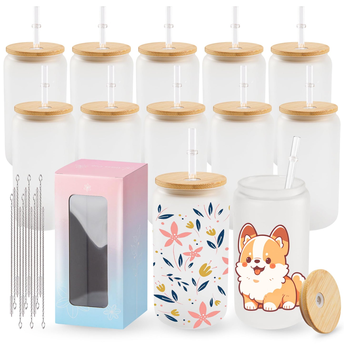 Joyclub 12 Pack Sublimation Blanks Bulk Frosted Glass Cups with Lids and Straws 16oz, Sublimation Glass Tumbler Beer Can Shaped Mugs for Iced Coffee Smoothie Soda Boba Tea DIY Gift Small Business