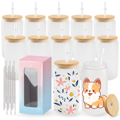 Joyclub 12 Pack Sublimation Blanks Bulk Frosted Glass Cups with Lids and Straws 16oz, Sublimation Glass Tumbler Beer Can Shaped Mugs for Iced Coffee Smoothie Soda Boba Tea DIY Gift Small Business