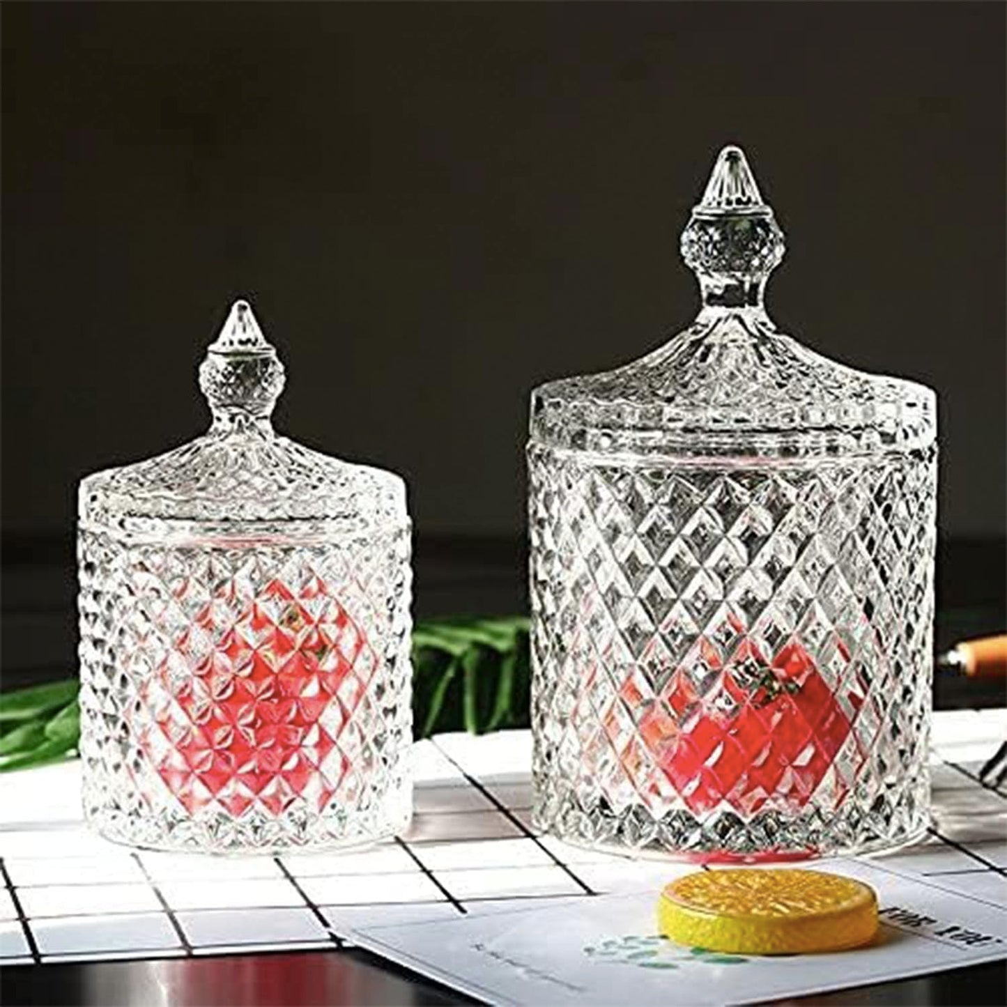 LUCKTE Rainie Love Home Basic Food Storage Organization Set-Crystal Diamond Faceted Jar with Crystal Lid,Suitable as A Candy Dish,Cookie Tin,Biscuit Barrel,Decorative Candy Jar (Transparent, 16 oz)