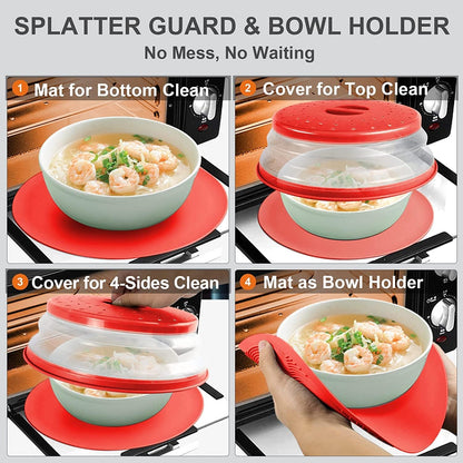 2 in 1 Aidacom Microwave Mat & Food Cover - 12" Mat as Bowl Holder, Silicone Trivet, Pot Holders, Drying, Baking, Red