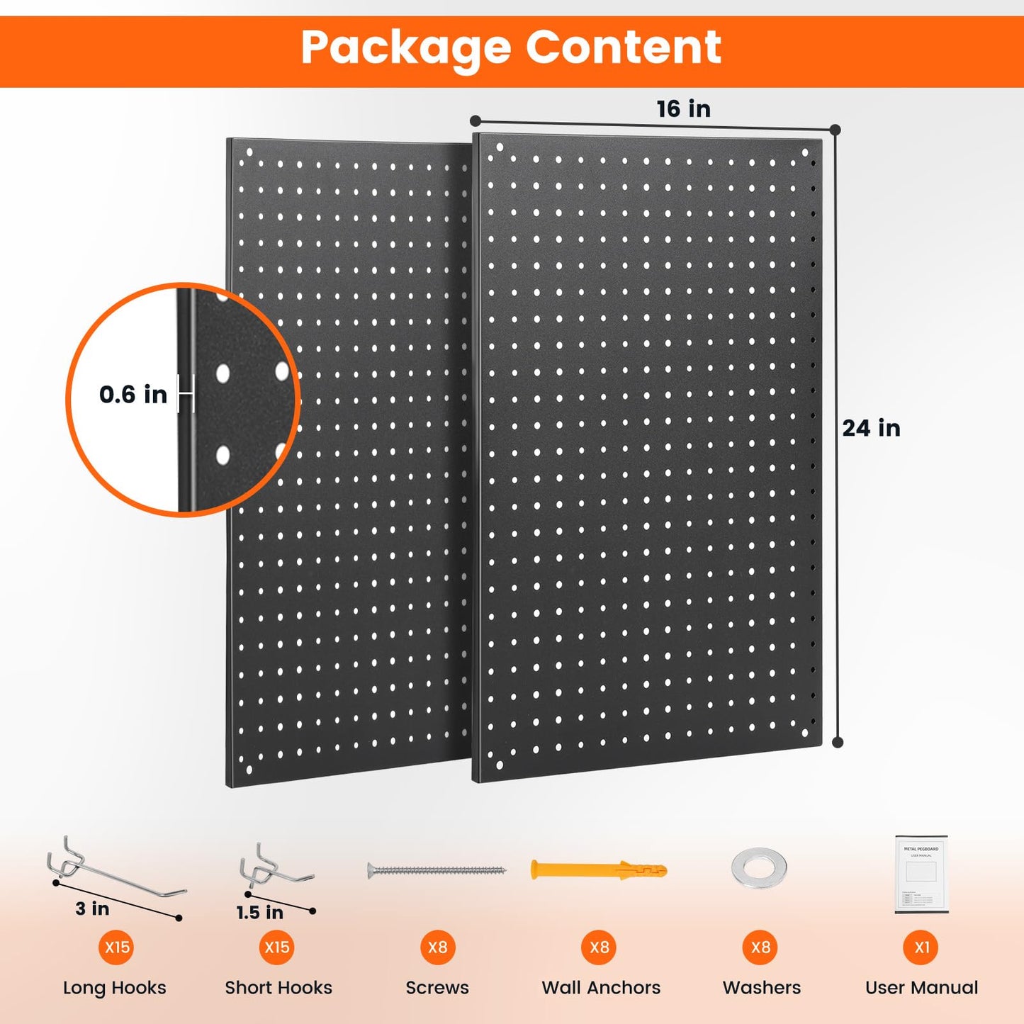 ENJOYWOOD Pegboard, 2 PCS 24"×16" Metal Peg Board Panels Black Modular Wall Organizer Kit with 30 Hooks, Dual-Size Hole Design for Home Tool Storage, Garage Organization, Kitchen, Office, Craft Room