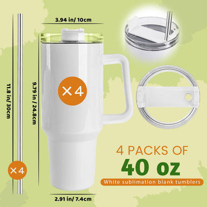 Joyclub 4 Pack 40oz Sublimation Tumbler with Handle Insulated Large Tumbler Bulk, Coffee Travel Cups Stainless Steel Travel Mug for Diy Craft Heat Press Print