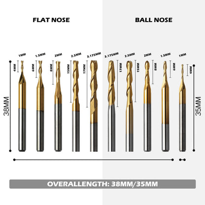 Genmitsu 50pcs Tungsten Carbide End Mill Router Bits, 1/8'' Shank CNC Bit Set Including 2-Flute Straight Bit, Flat Nose & Ball Nose End Mill, PCB Drill & V-Groove Engraving Bits, Nano Blue Coat, MC50A