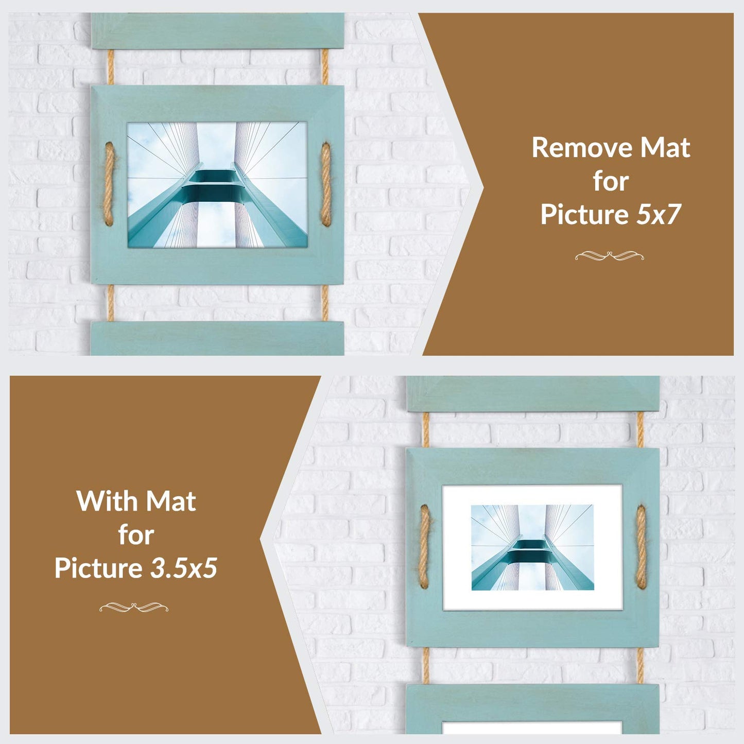 DLQuarts 5x7 Hanging Collage Picture Frames Wall Decor, 4-Opening 5x7 Matted to 3.5x5 Photo Rustic Wood Frame with Hemp Rope, 2 Pack, Ocean Blue