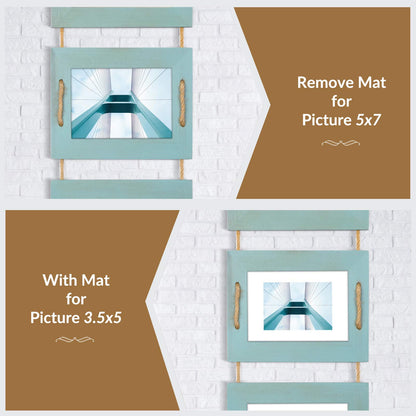 DLQuarts 5x7 Hanging Collage Picture Frames Wall Decor, 4-Opening 5x7 Matted to 3.5x5 Photo Rustic Wood Frame with Hemp Rope, 2 Pack, Ocean Blue