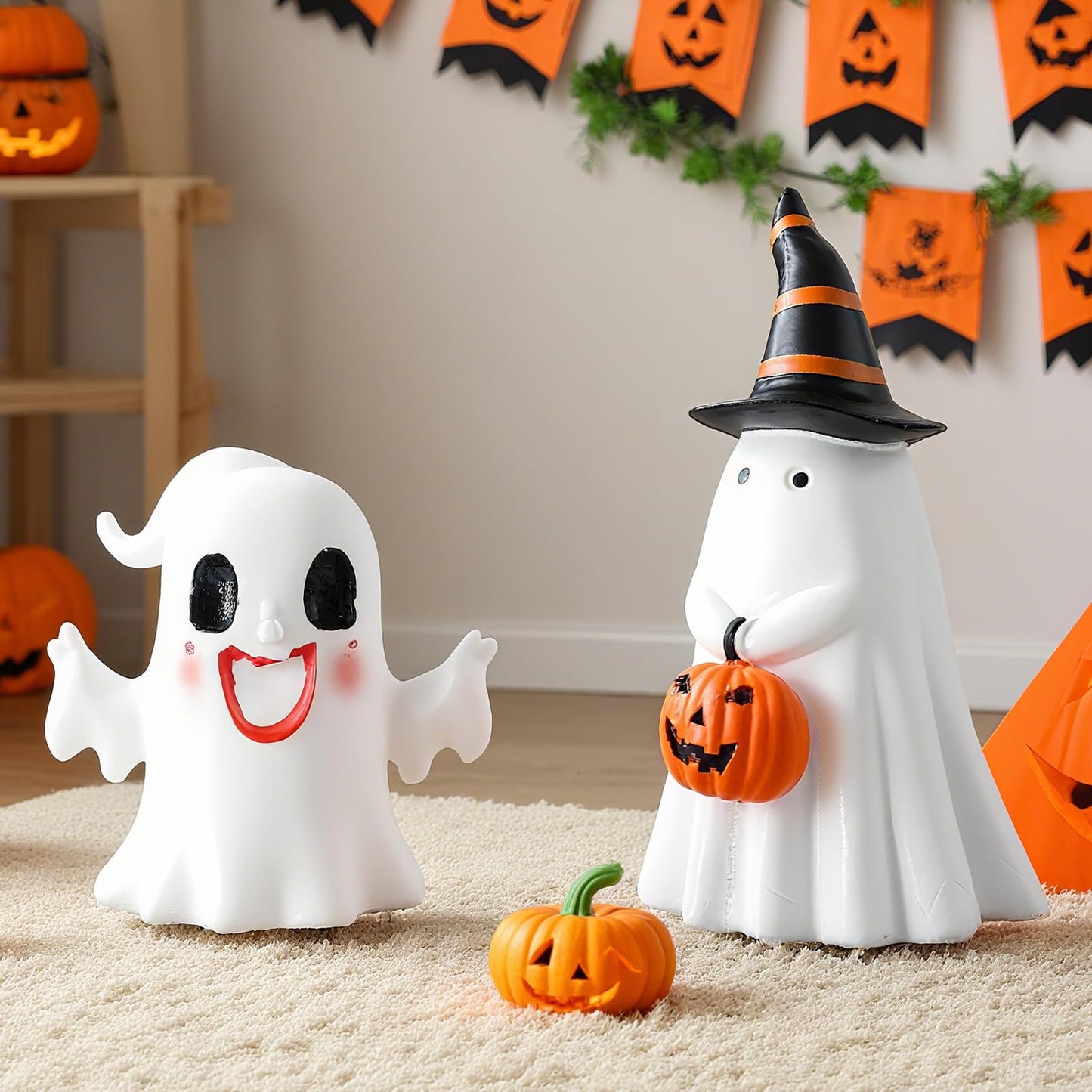 Brizoria Halloween Figurines Ghost Figurine with Witch Hat Spooky Halloween Decor Mini Ghost Figurines Collectible Figurines Resin Halloween Decorations Outdoor for Room Funny Office Decor