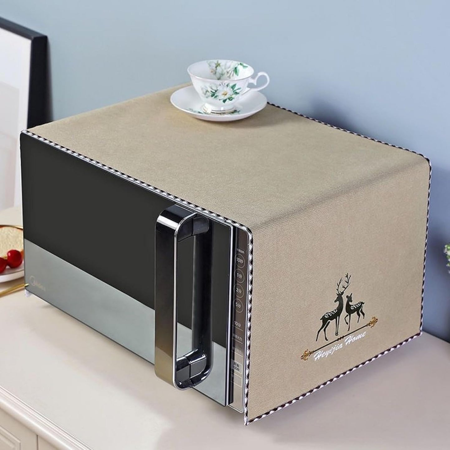 Microwave Oven Cover, Waterproof Cotton Linen Dust Protector, Decorative Kitchen Appliance Cover (Deer - Khaki)