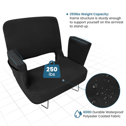 TOPSKY Stadium Seat with Back Support, Regular Size 18.7”Width (Seat 17”), 3 Reclining Positions, Wide Bleacher Seats with 2 Hook, Picnic Seat (Black)