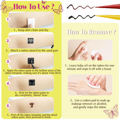 MuseLuxe 126 PCS Temporary Tattoos Stencils Kit,Temporary Tattoos Kit - 6 Pcs 2 Color(Brown Black) Ink with Gloves,DIY Body Art Painting for Women Men Adults Kids