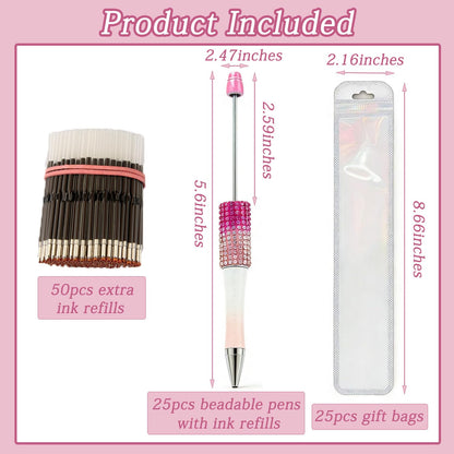 75 Pcs DIY Diamond Beadable Pen Kit - 25 Plastic Rhinestone Beaded Pens Bulk with Refills & Bags - Fancy Cute with Colors Refills & Bags for Students Teachers School Office Accessories Supplies