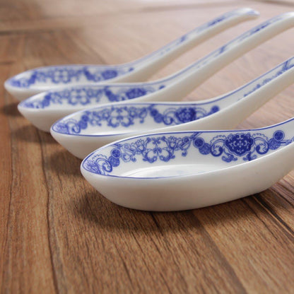Set of 4 Porcelain Chinese Knot Blue Floral Soup Spoons, 5-Inch