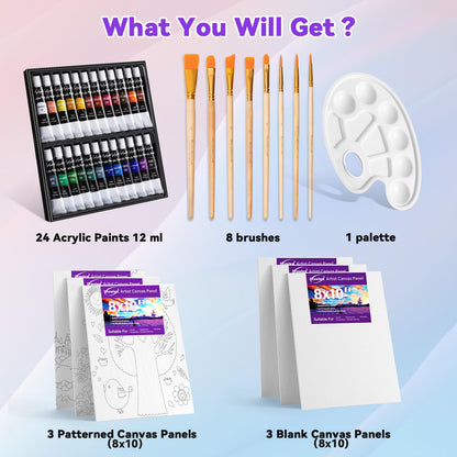 DRAWLEX 39 PCS Paint Set, Painting Kit with 24 Acrylic Paints, 8 Brushes, Art Supplies Set for Kids Adults