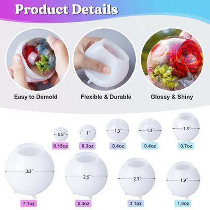 LET'S RESIN 9 Pcs Sphere Silicone Molds for Resin, Upgraded Seamless 3D Sphere Resin Molds Silicone,Large Round Ball Epoxy Resin Molds for Flowers Preservation,Resin Casting, Soap, Candle