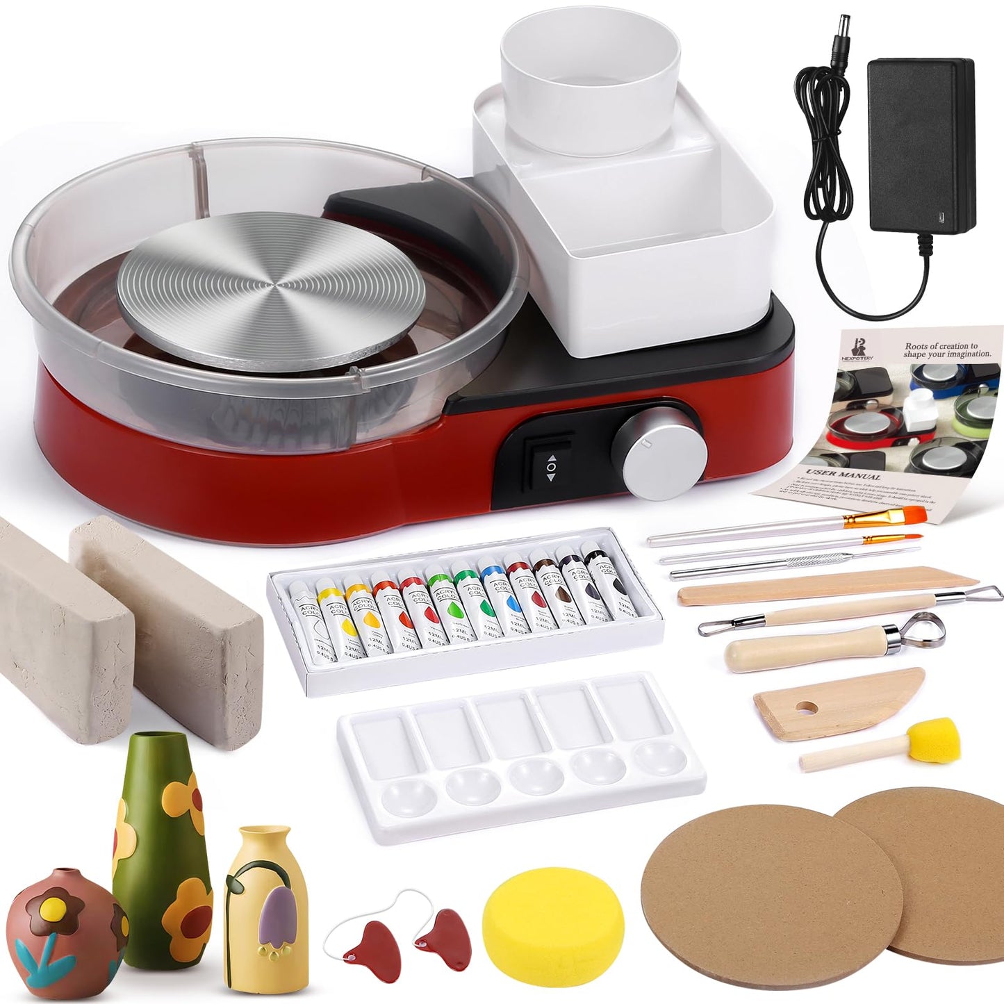 Pottery Wheel for Adults - Complete Pottery Tools Kit for Beginners, 6" Turntable Two-Way Rotation Adjustable Speed, 2.2 lbs. Air Dry Clay, Mini Clay Making Pottery Wheel with Storage Design (Red)