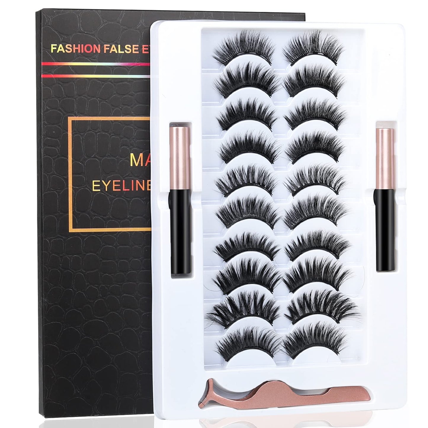 BILEYCHA Upgrade 3D Natural Magnetic Eyelashes,Lightweight Magnetic Eyeliner and Eyelashes Kit, 2 Magnetic Eyeliners- No Glue Needed (10 Pairs)