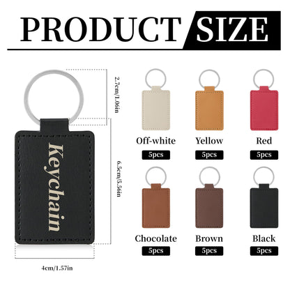 30 Pcs DIY Leather Key Fob Blanks Kit Rectangular PU Leather Keychains with Metal Keychain Rings 6 Colors for Laser Engraving Stamping Painting Working Key chain Craft Supplies Unique Gift Making