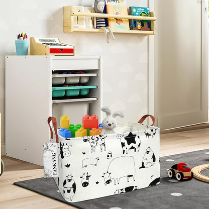 FANKANG Storage Basket,Nursery Hamper Canvas Laundry Basket Foldable with Waterproof PE Coating Storage, Office, Bedroom, Clothes,Toys(L, Rec-cows)