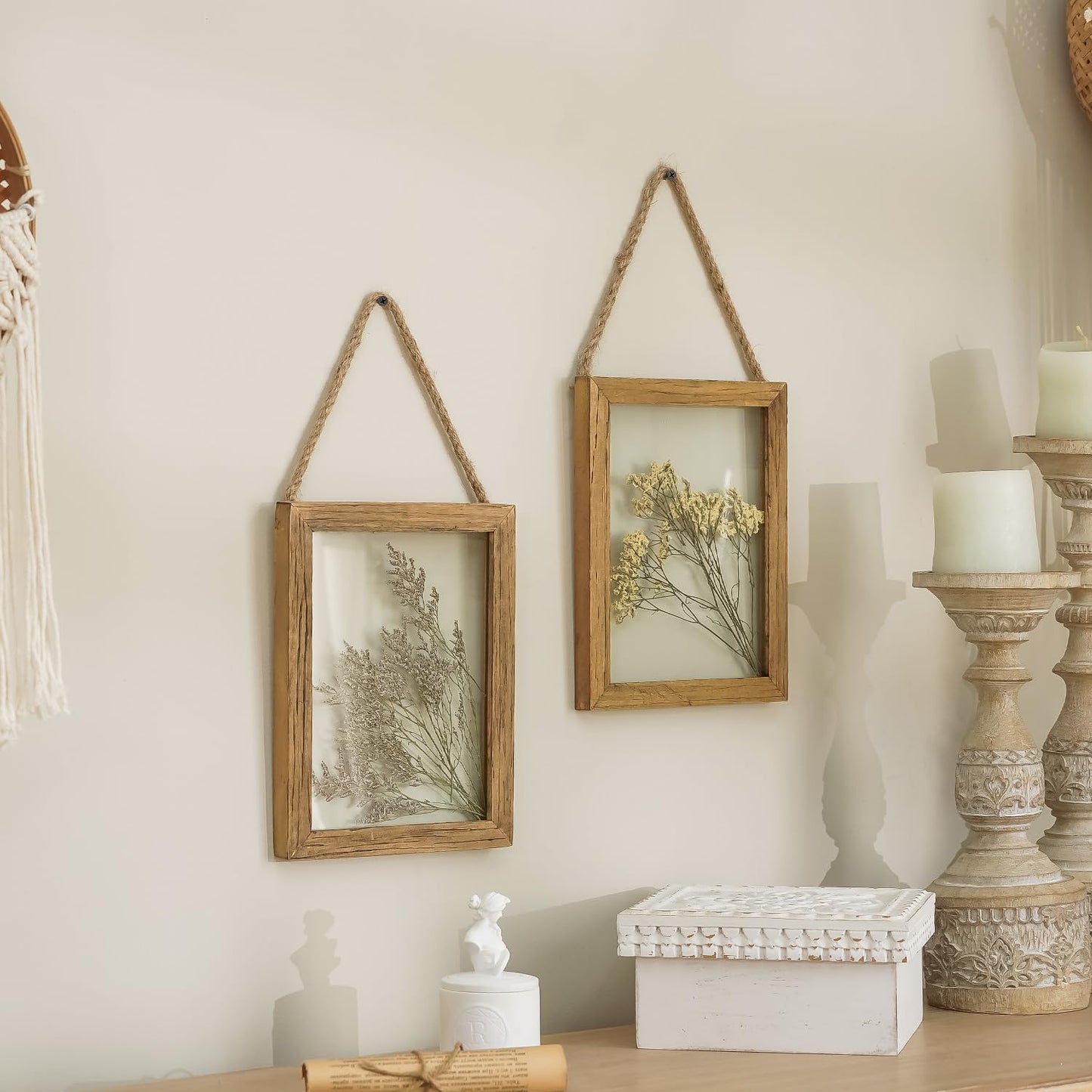 NIKKY HOME Dried Flowers Grass Wall Art Set of 2 Natural Plant Artwork with Clear Glass Display Frame and Jute Rope Gallery Wall Decor Living Room Decor