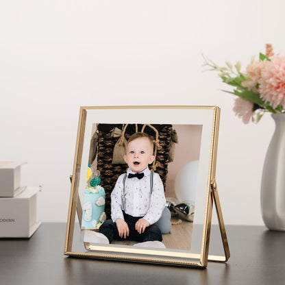 Classura Gold 5x5'' Square Floating Frame Set of 2,For Photo Sizes (3x3''& 4x4''),Beautiful Metal Beaded Edge Frames Adjustable Tabletop/Shelf Photo Frame,Classy Gift Choice for Wedding,Chrismas