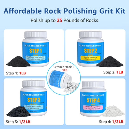 Rock Tumbler Grit Kit, 4LBS Polish Refill with Ceramic Tumbling Media - Polish up to 25 lbs of Rocks, Professional 4-Steps Polishing Grit Set for All Rock Tumblers