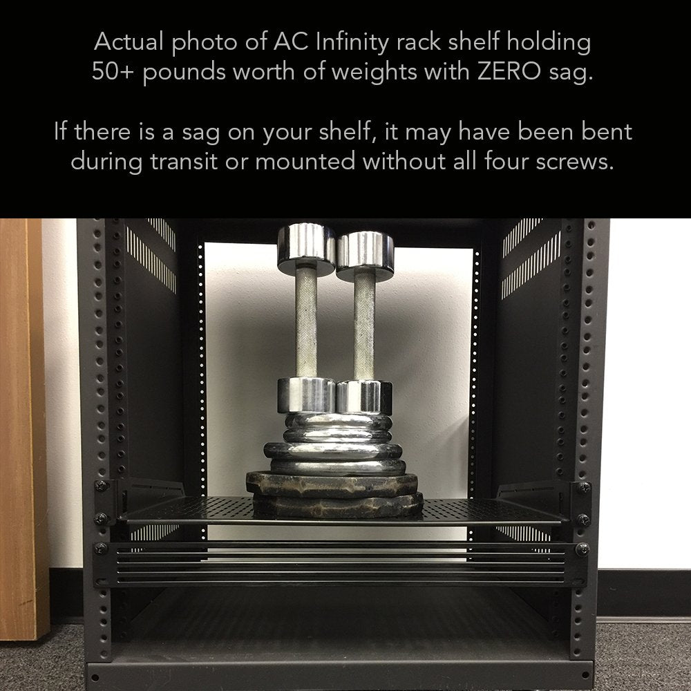 AC Infinity Vented Cantilever 1U Universal Rack Shelf, 10" Deep, for 19” Equipment Racks. Heavy-Duty 2.4mm Cold Rolled Steel, 60lbs Capacity