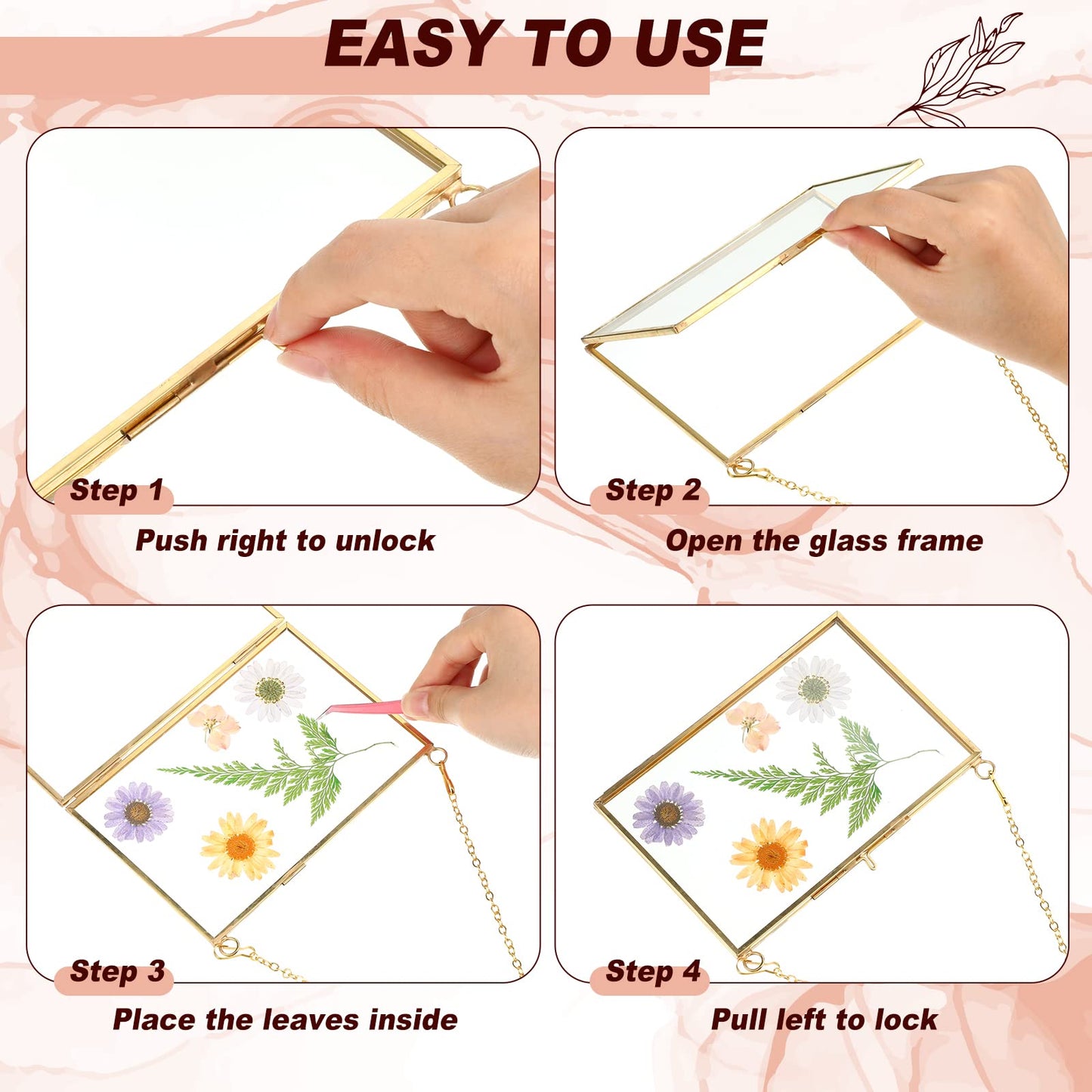 Chunful 9 Pieces Double Glass Frame for Pressed Flowers Hanging Picture Frames Photo Display Gold Metal Brass Floating Frame with Chain for Artwork Art Specimen Wall Plant DIY Gallery, 3 Sizes