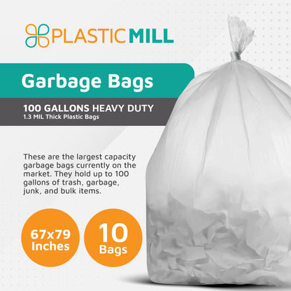 PlasticMill Heavy Duty Trash Bags - Clear Garbage Bags - Plastic Trash Bags for Large Rolling Trash Bins - Tall Trash Bags - 100-Gallon Large Kitchen Trash Bags, 1.3 Mil, 67"x79" (10-Count)