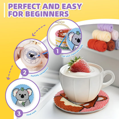 punch needle kit-6,embroidery kit for beginners,punch needle kits adults beginner,needles, curved scissors, a tool storage box, yarn, easy-to-follow instructions, and tutorial videos(6 animal coaster)