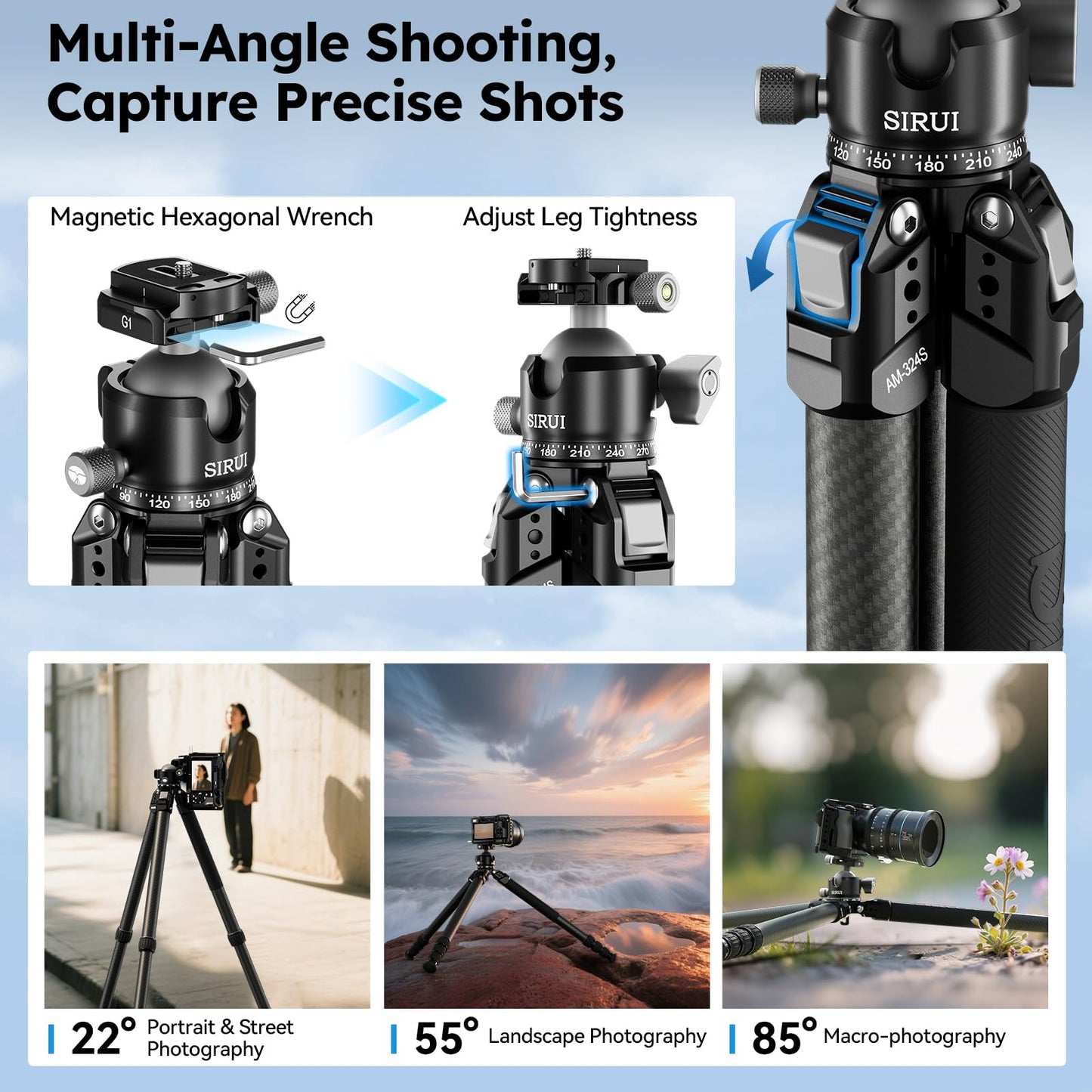 SIRUI Heavy-Duty Carbon Fiber Tripod, 59.8” Pro Tripod with Low Center of Gravity Ball Head, 44lbs Load, 6 Mounting Ports, Corrosion Resistance–for DSLR, Mirrorless, Telephoto, Wildlife（AM-324S+G1）