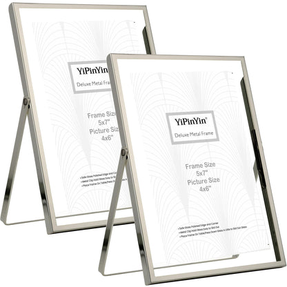 Silver 5x7'' Floating Frame Set of 2, For Photo Sizes ( 3.5x5'', 4x 6''), Silver Plated Metal Frames 5x7'' for Tabletop/Shelf Display, Classy Gift Choice for Wedding, Thanksgiving, Christmas,Birthady.