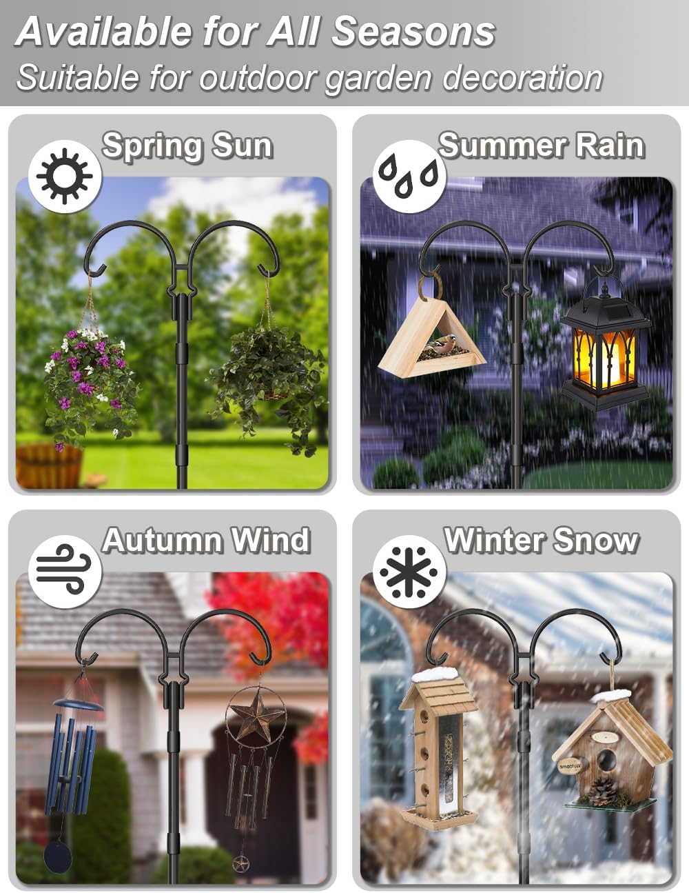 76 Inch 5 Hummingbird 2 Adjustable Double Shepherds Hooks for Outdoor with Sleeve, Heavy Duty Bird Feeder Pole Stand