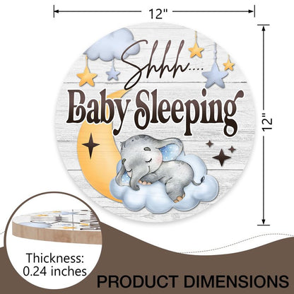 Shhh Baby Sleeping Front Door Sign, Elephant Moon Cloud Stars Wood Door Hanger Nursery Kids Bedroom Decor, Infant Toddler Baby Boy Girl Room Rustic Wooden Wreath Indoor Wall Hanging Decoration